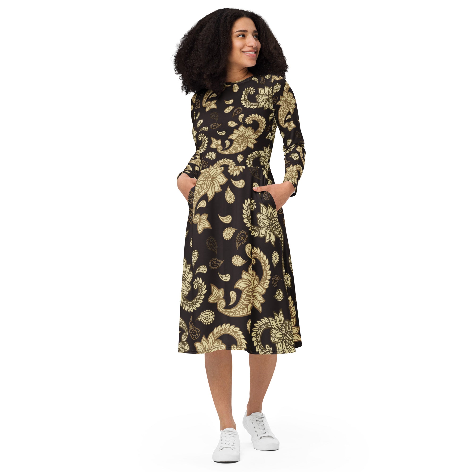 All-over print long sleeve midi dress 2