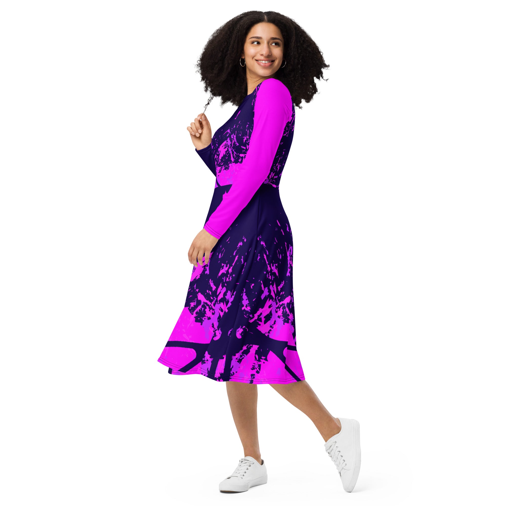 All-over print long sleeve midi dress 4
