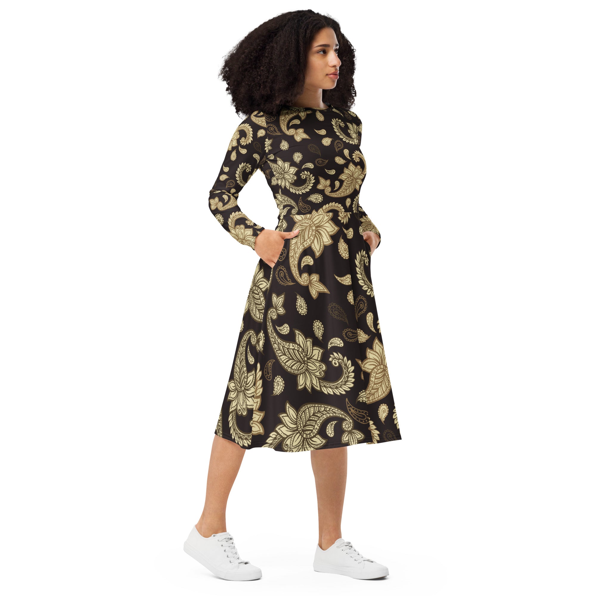 All-over print long sleeve midi dress 2